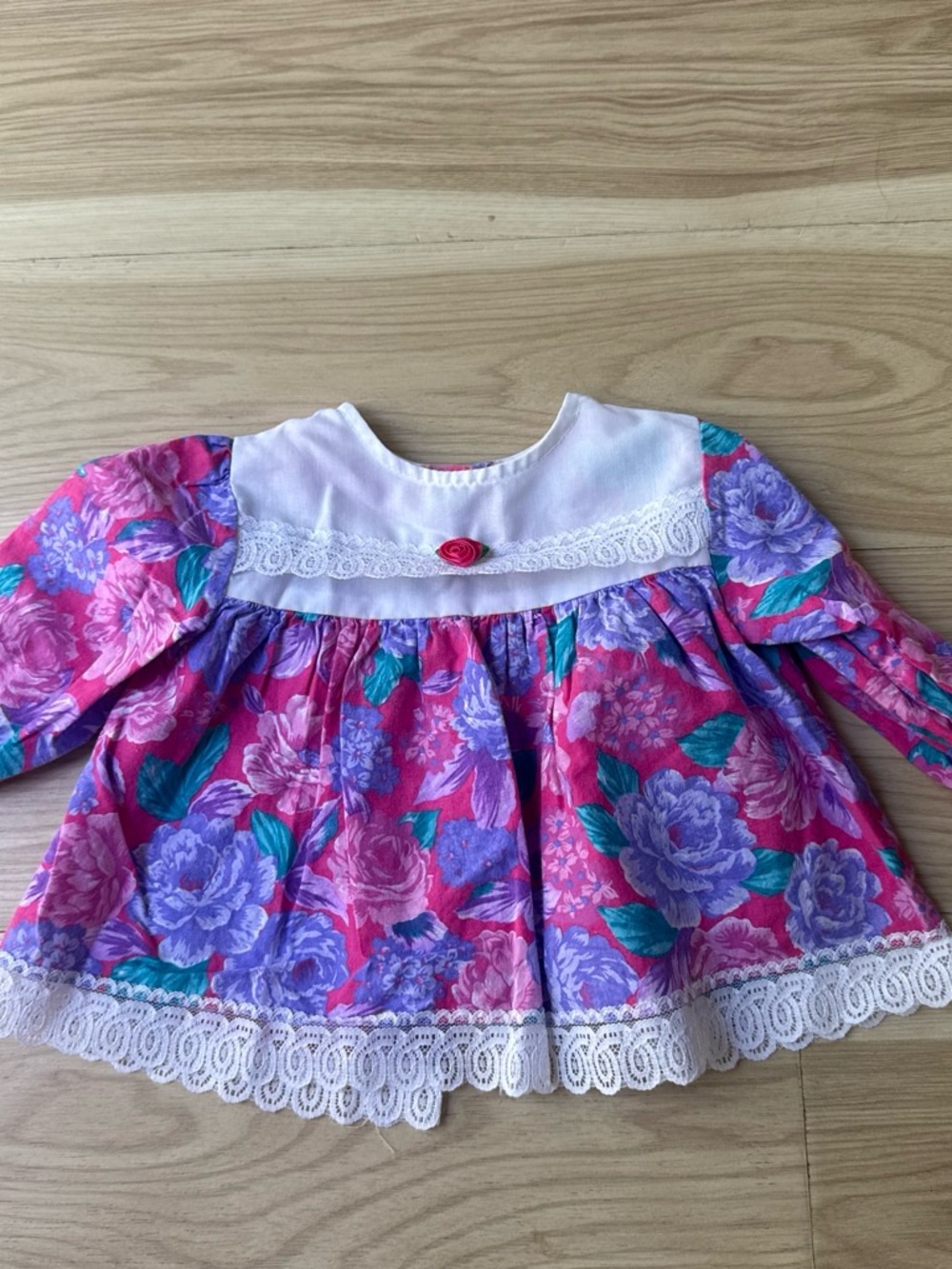 Vintage Pink & Purple Floral Long-Sleeve Baby Dress with Lace